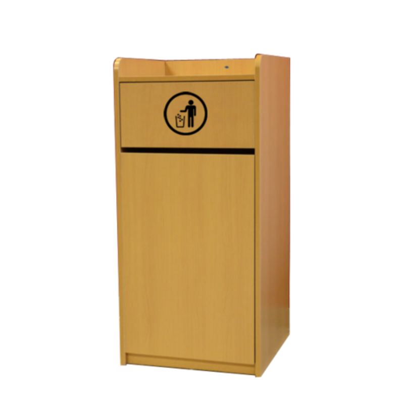 Étiquette alternative : Omcan 43840 Poubelle intérieure intérieure en bois naturel de 36 gallons Poubelle intérieure commerciale avec icône d’ouverture et d’élimination à l’avant