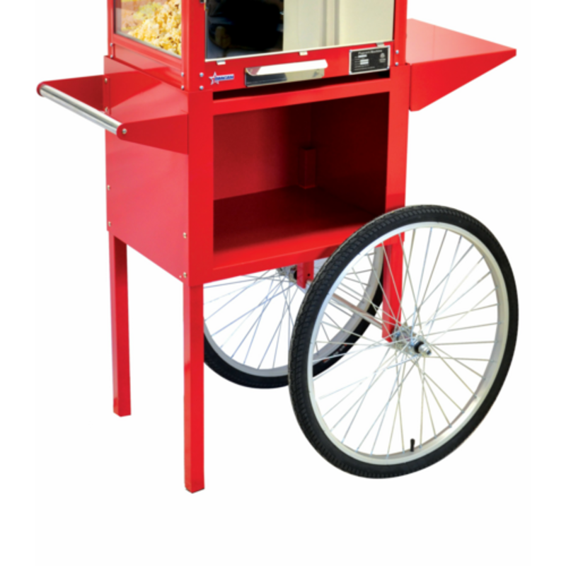 Omcan 44134 Trolley for 8 oz. Popcorn Machine 35" red popcorn cart with large wheels and side shelves