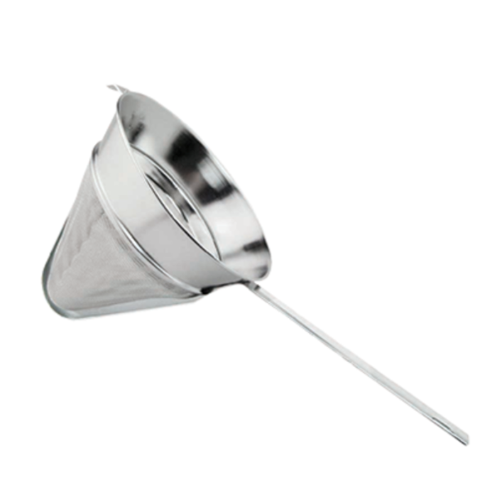 Alt Tag: Omcan 80124 Stainless Steel 7.87-inch Fine Mesh China Cap Bouillon Strainer, conical chinois strainer with long handle