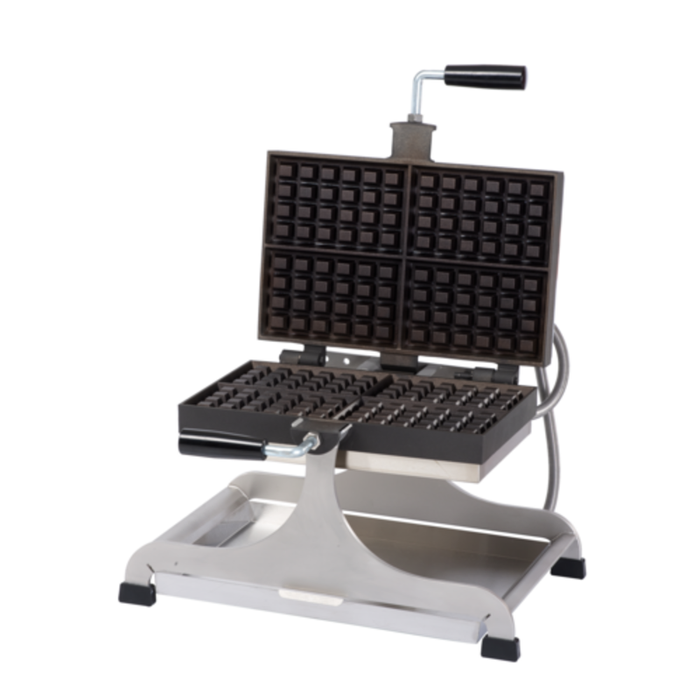 Brussels Swivel Waffle Maker open, showcasing non-stick plates and stainless steel base for professional kitchen use.