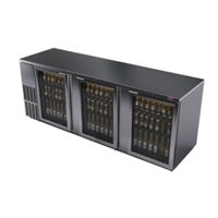 Three Glass Door Back Bar Cooler With Bottles Inside, Featuring A Robust Stainless Steel Design.