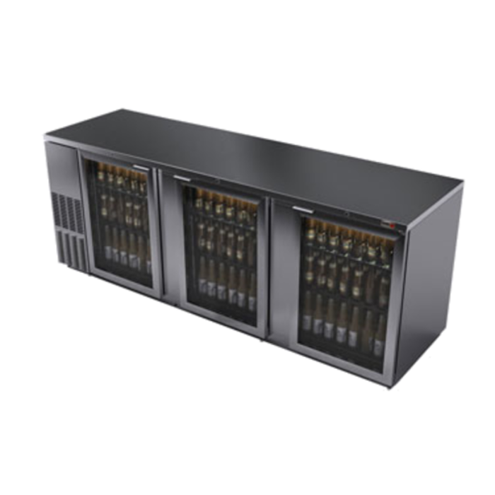 Three Glass Door Back Bar Cooler With Bottles Inside, Featuring A Robust Stainless Steel Design.