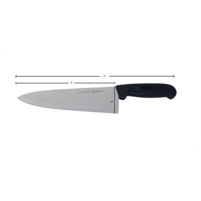 Omcan 8-Inch Chef Knife With Stainless Steel Blade And Black Polypropylene Handle For Efficient Kitchen Prep