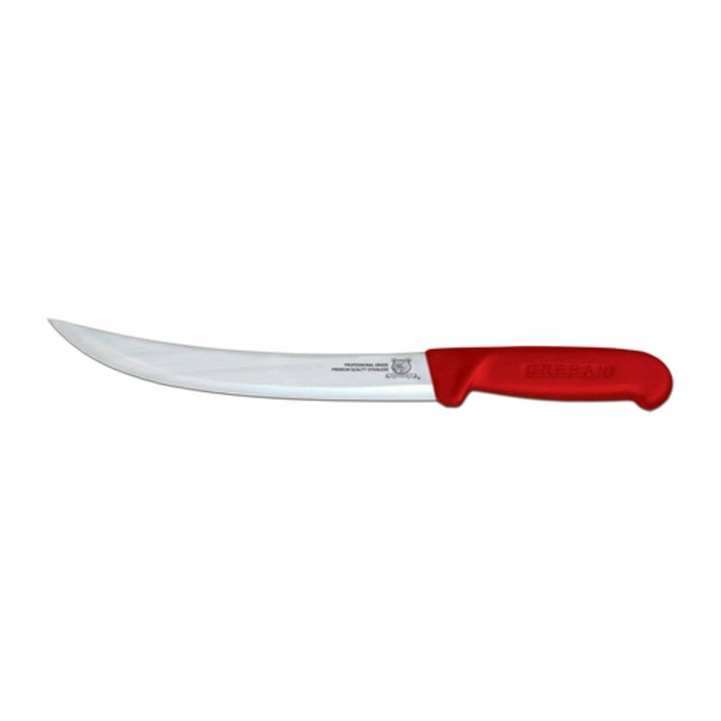 Alt Tag: Omcan 12322 8-Inch Red Handle Polypropylene Professional Breaking Knife with curved 8-inch blade for butchery and meat processing