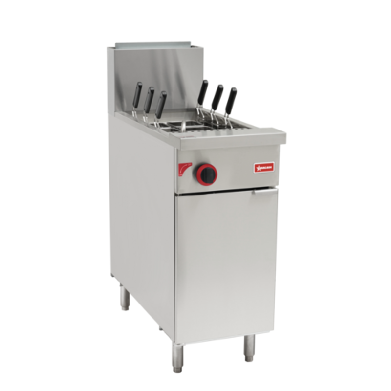 Alt Tag: Omcan 47714 11 Gallon Natural Gas Commercial Pasta Cooker stainless steel unit with basket handles for high-volume kitchens