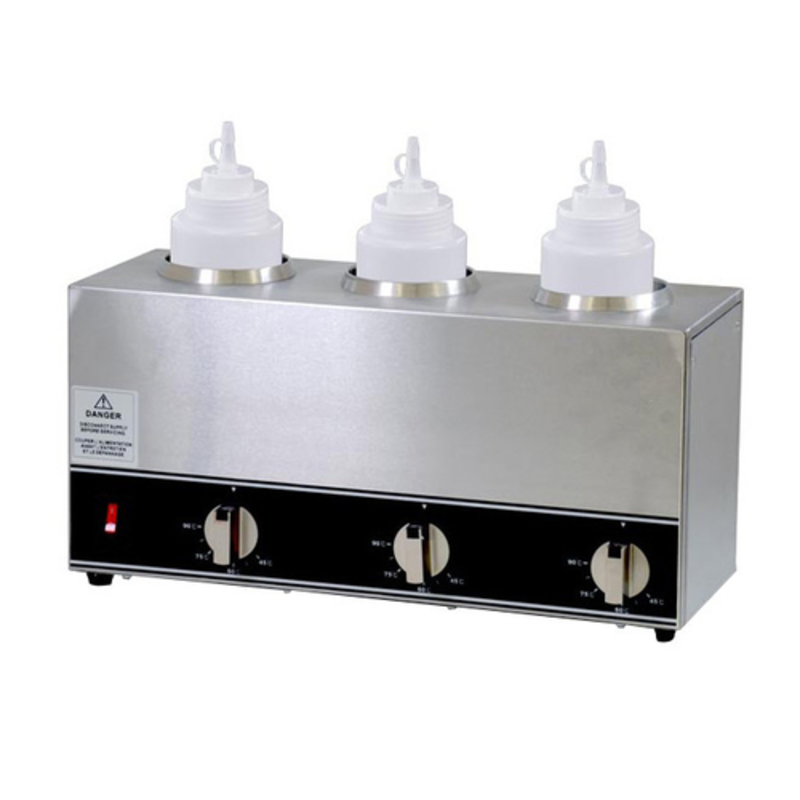 Alt Tag: Omcan 44179 3-Bottle Capacity Countertop Food Topping Sauce Warmer stainless steel triple bottle sauce dispenser warmer