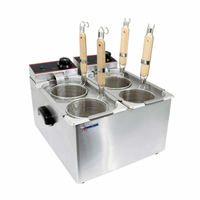 Alt Tag: OMCAN 43558 8L Countertop Electric Pasta Cooker with Four Baskets stainless steel commercial countertop pasta cooker with dual tanks