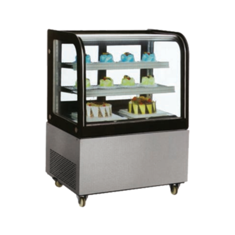 Curved Glass Bakery Display Case Showing Delicious Cakes And Pastries In A Modern Refrigerated Unit