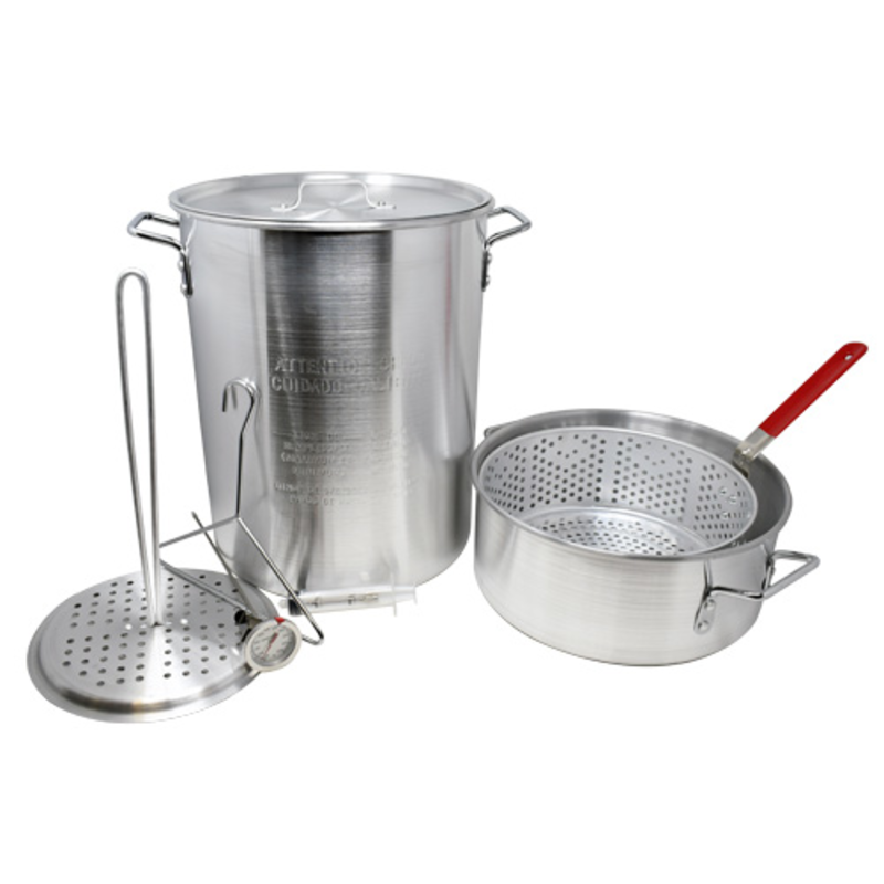 Omcan 47172 12 Qt. Heavy-Duty Stainless Steel Stock Pot with lid, basket insert, thermometer, and strainer accessories