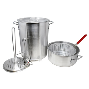 Omcan 47172 12 Qt. Heavy-Duty Stainless Steel Stock Pot with lid, basket insert, thermometer, and strainer accessories