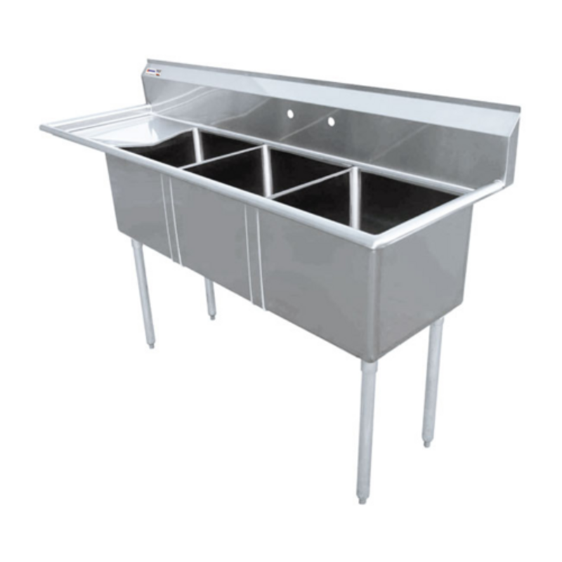 Three Compartment Stainless Steel Sink Designed For Efficient Commercial Warewashing.