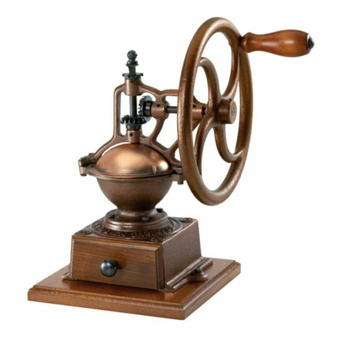 Omcan Item 43680 Commercial Coffee Grinder with 2.2 lbs Hopper Capacity - vintage hand-crank coffee grinder with wooden base