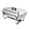 Omcan 31354 9 Quart Stainless Steel Chafing Dish with foldable legs for buffet-style meals.