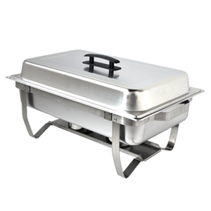 Omcan 31354 9 Quart Stainless Steel Chafing Dish with foldable legs for buffet-style meals.