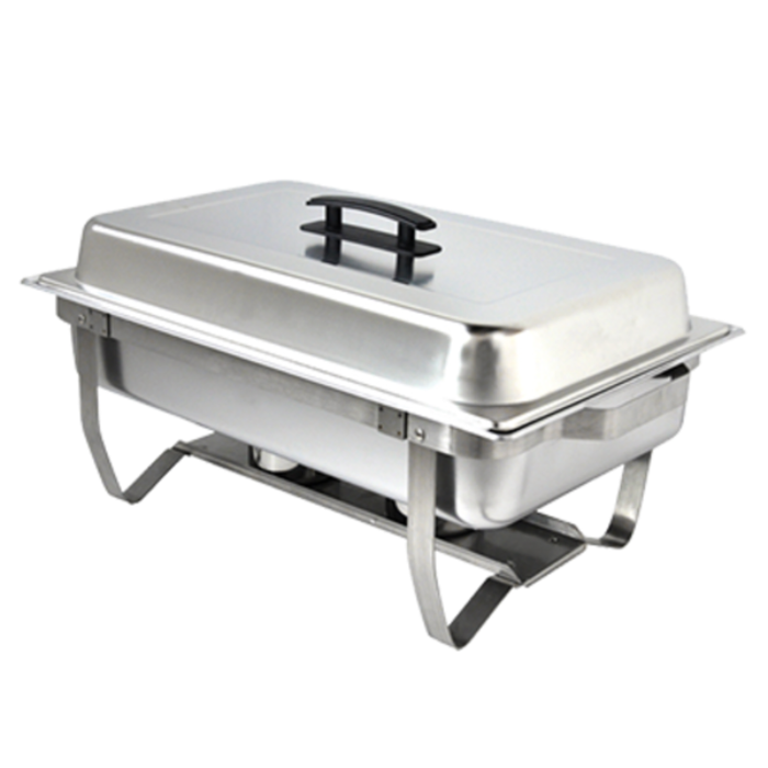 Omcan 31354 9 Quart Stainless Steel Chafing Dish with foldable legs for buffet-style meals.