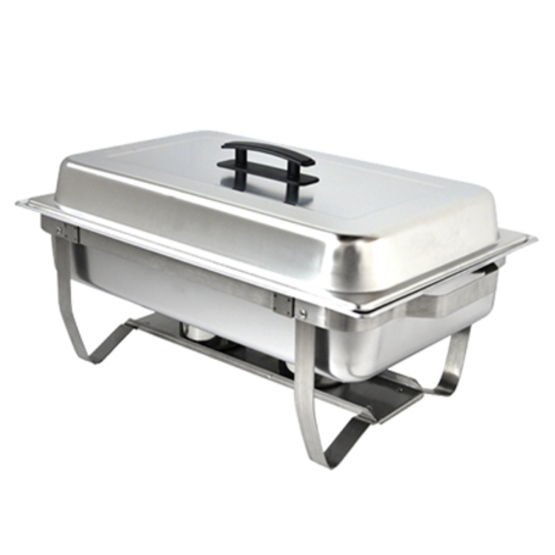 Omcan 31354 9 Quart Stainless Steel Chafing Dish with foldable legs for buffet-style meals.