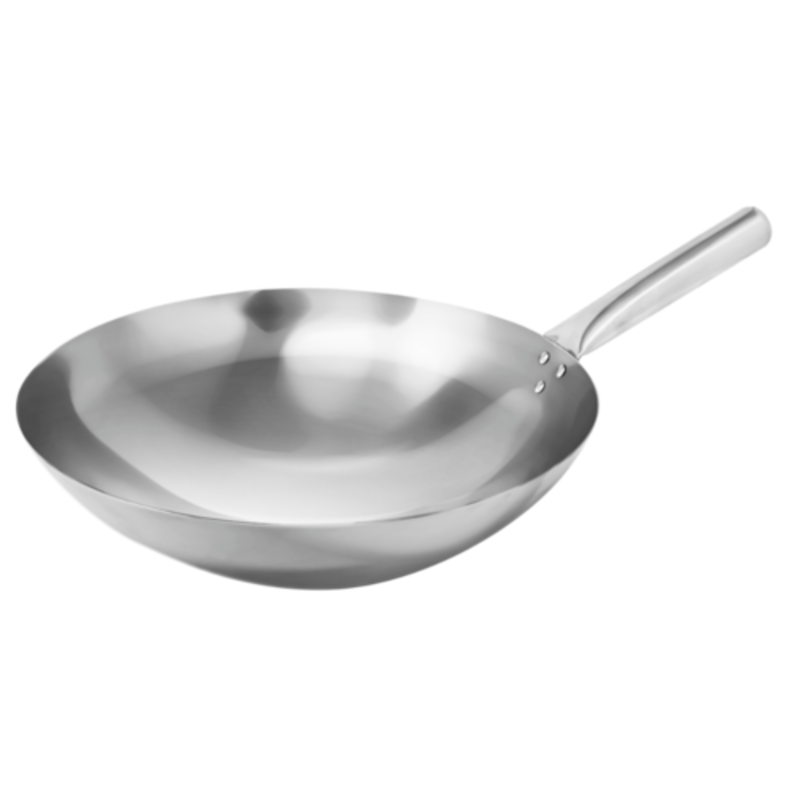 Alt Tag: Omcan 47864 Professional 14-inch Carbon Steel Wok Pan for Authentic Stir-Frying, professional round wok with long handle