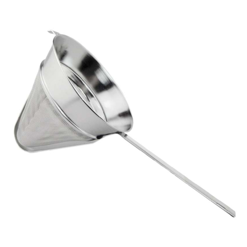 Alt Tag: Omcan 80121 Stainless Steel 12-inch Fine Mesh Chinois Strainer conical china cap with long handle for smooth sauces