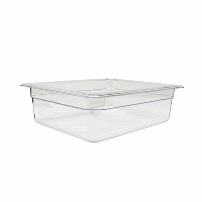Alt Tag: Omcan 80055 Clear Polycarbonate 6.3 Liter Durable Food Pan clear 1/2 size break-resistant commercial kitchen food pan