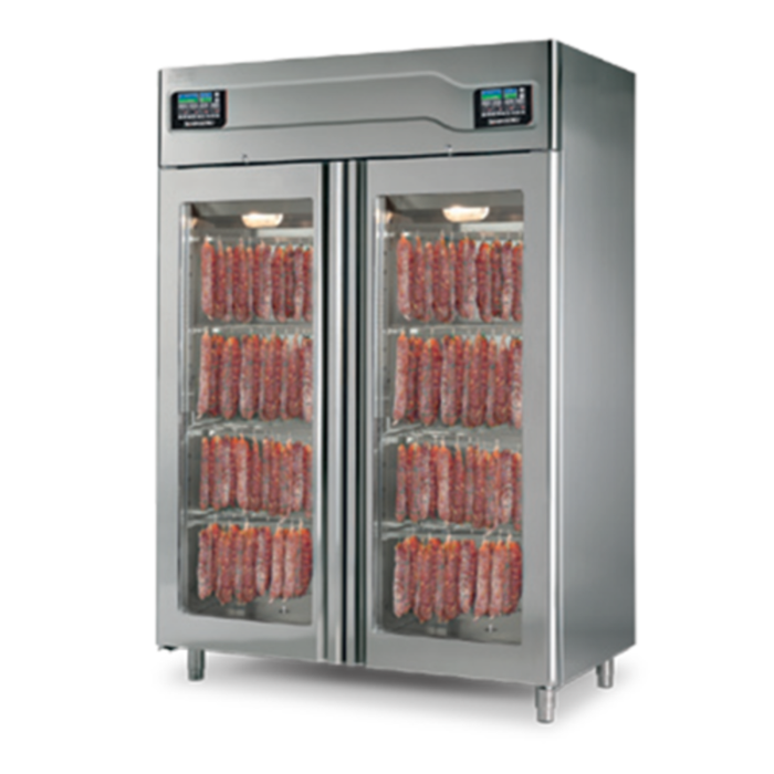 OMCAN 41262 57.48" Stagionello Two Door Meat Curing Aging Cabinet with glass doors and hanging salami for professional curing