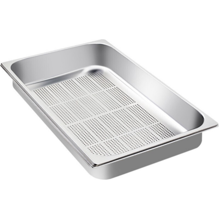 Stainless Steel Perforated Food Pan Designed For Professional Kitchen Use And Catering Operations.