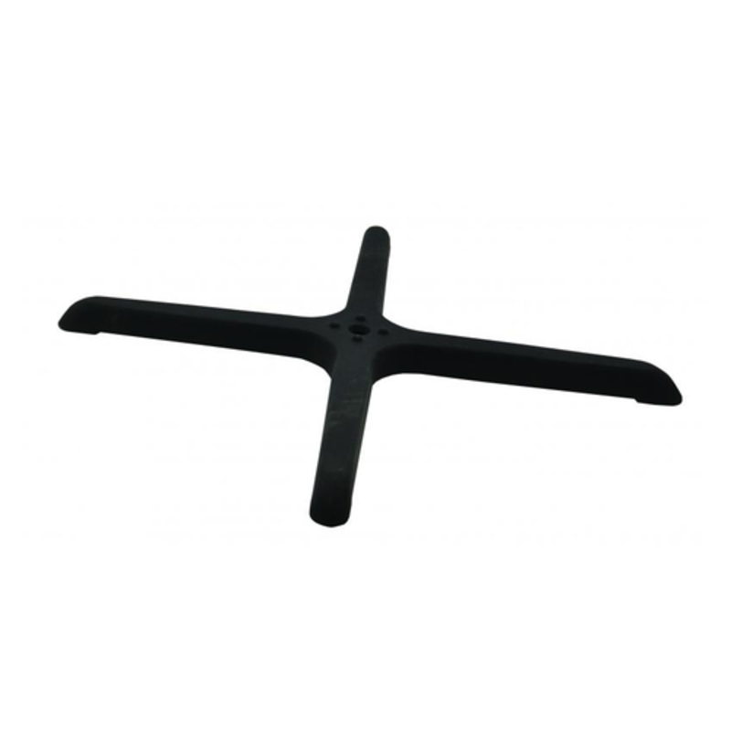 Alt Tag: Omcan 43155 30 x 30 Inch Cross Style Table Base black cross table base for restaurant cafe or bar tables, sturdy wobble-resistant support