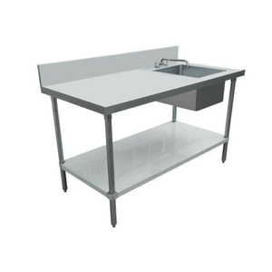 Stainless Steel Work Table With Prep Sink Featuring A Spacious Surface And Lower Storage Shelf.