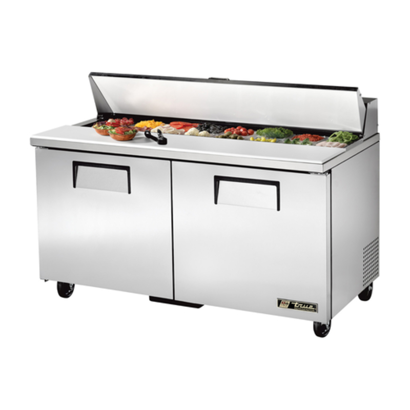 True 60-3/8 Inch Two-Door Refrigerated Sandwich Prep Table With Fresh Ingredients Ready For Use.