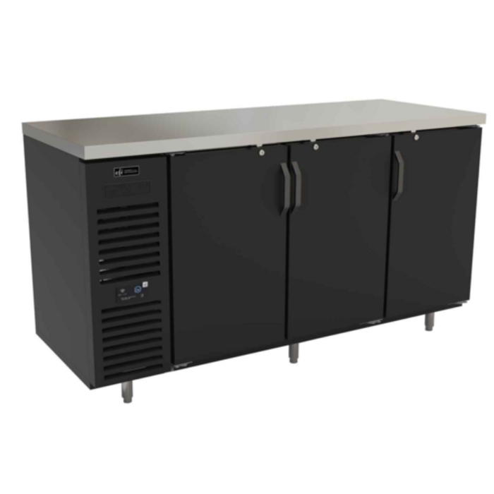 72 Inch Back Bar Refrigerator With Three Doors And Stainless Steel Top For Beverage Storage
