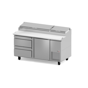 FAGOR 19054902 67-1/4"W Refrigerated Pizza Prep Table with stainless steel construction and sliding doors.