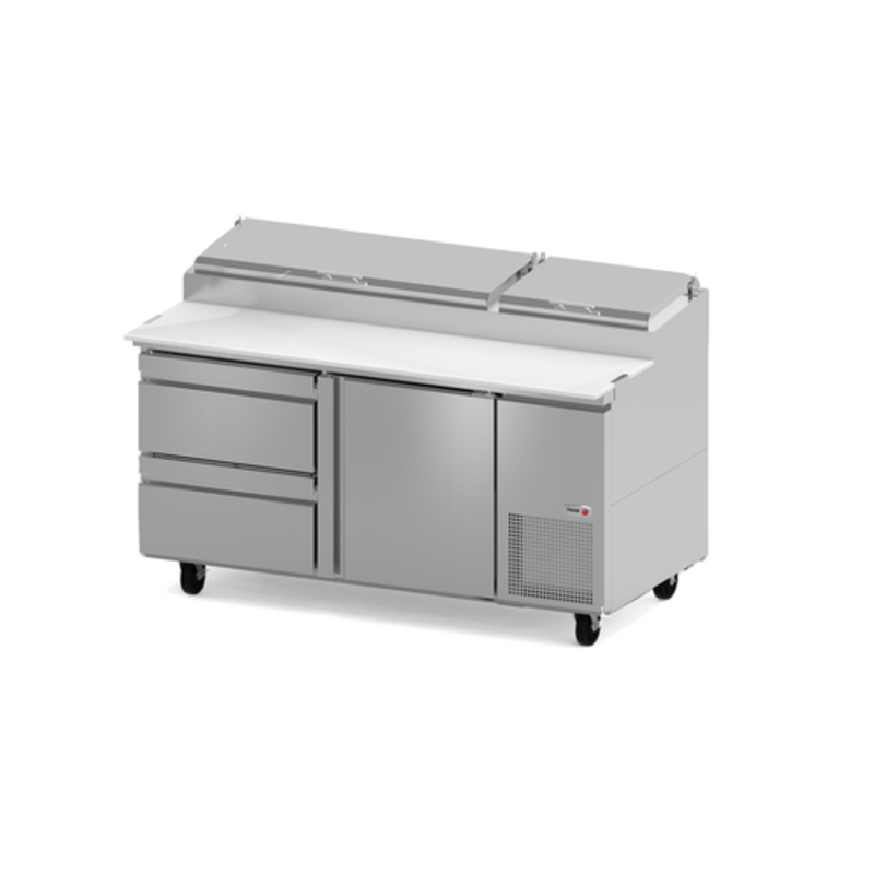 FAGOR 19054902 67-1/4"W Refrigerated Pizza Prep Table with stainless steel construction and sliding doors.