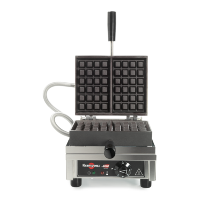 Alt Tag: Krampouz WECCBCAS Electric 2-Waffle Brussels Waffle Maker Baker 90° open stainless steel waffle iron with cast iron plates