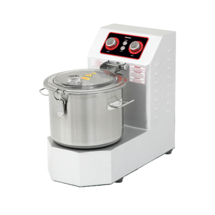 Alt Tag: Omcan 48282 Commercial 4 Gallon Stainless Steel Hummus Mixer vertical cutter mixer with stainless steel bowl and lid