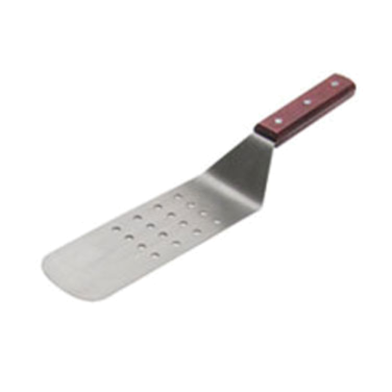 Perforated Stainless Steel Turner With Brown Handle For Easy Food Transfer And Grease Drainage