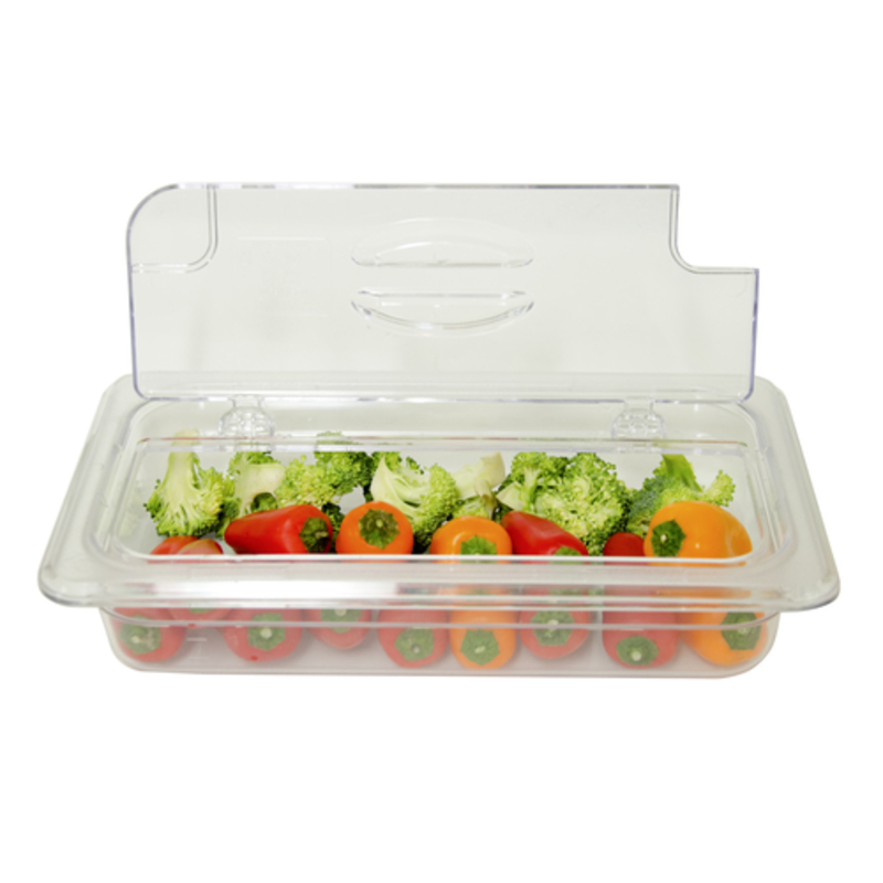 Polycarbonate Food Pan Cover With Vegetables Inside, Ideal For Maintaining Freshness In Fast-Paced Kitchens.
