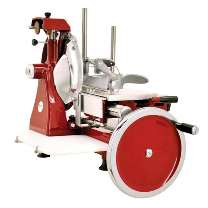 TRENTO 13639 Manual Volano Food Slicer with 14-inch Blade red hand-crank commercial meat slicer with flywheel and stainless carriage