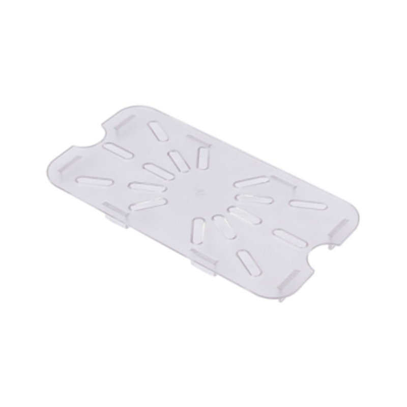 Alt Tag: Omcan 85035 1/4-size Clear Polycarbonate Drain Shelf for Food Storage Pans clear drain shelf insert for food pan