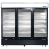 Atosa MCF8724GR 81.9-Inch Three-Door Glass Merchandiser Refrigerator View Showing Clear Glass Doors and Adjustable Shelving