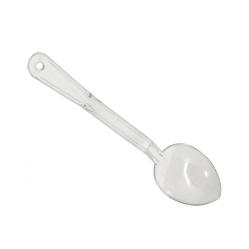 Omcan 85098 Clear Solid Serving Spoon, 11 inches long for elegant food service presentation.