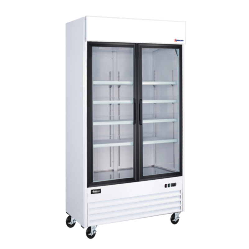 Omcan 50126 40" White Two-Door Glass Merchandiser Refrigerator Display With Black Handles And Adjustable Shelves