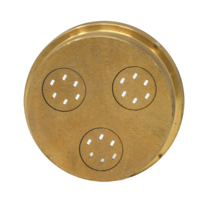 Tag alternatif : OMCAN 21631 Bronze Pasta Die pour plaque de bronze Tagliolini de 1,8 mm Gros plan avec trous d’extrusion Tagliolini