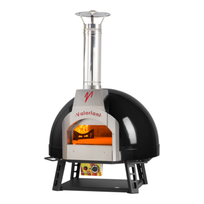 Valoriani 48142 Dôme commercial au gaz à 2 pizzas avec dôme en métal noir avec cheminée, ouverture avant et flamme visible