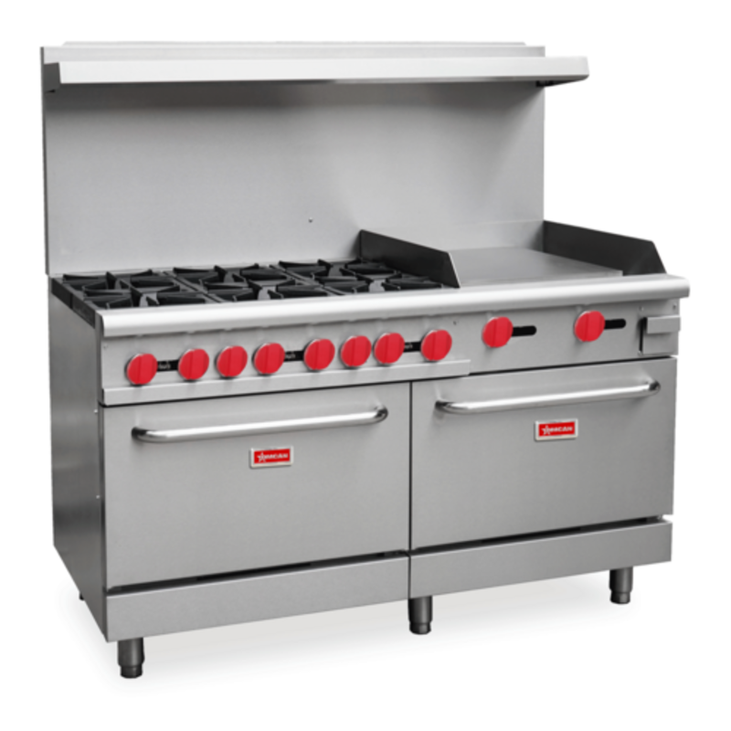 Tag alternatif : Omcan 46128 Cuisinière commerciale de restaurant au gaz propane de 60 » avec brûleurs, 6 brûleurs, plaque de 24 » et 2 fours vue frontale