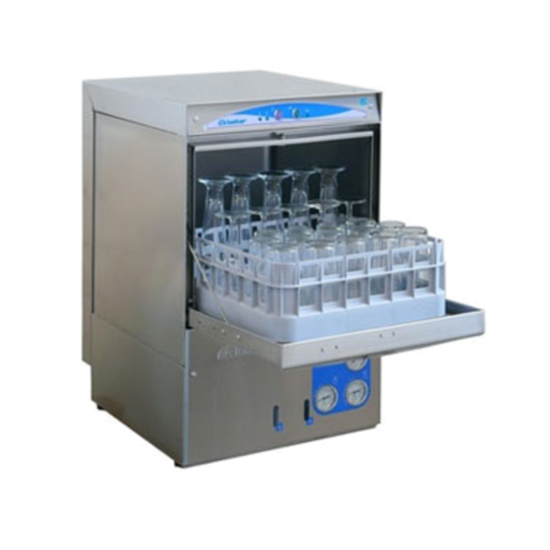 Alt Tag: Lamber 30 Baskets/Hour Undercounter High-Temp Commercial Glasswasher stainless steel undercounter bar glasswasher with rack of glasses
