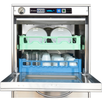 Lamber F99DYPS Undercounter High Temp Dishwasher 30 Racks/Hour open with racks loaded with plates, cups and glasses