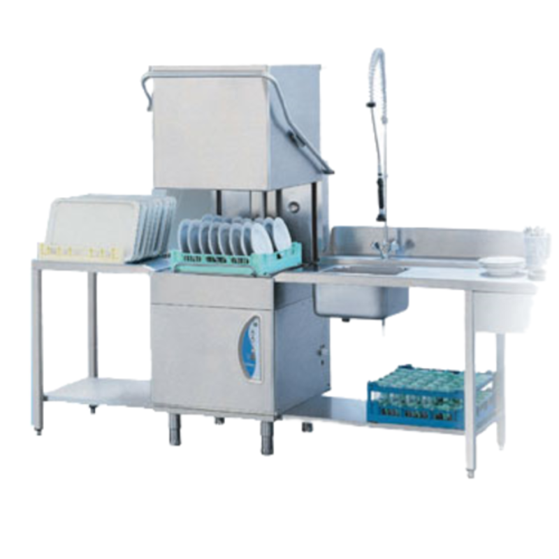 Alt Tag: Lamber L21-ek High-Temp Hood Dishwasher 30 Racks/Hour 24.41"W stainless steel pass-through hood dishwasher with tables