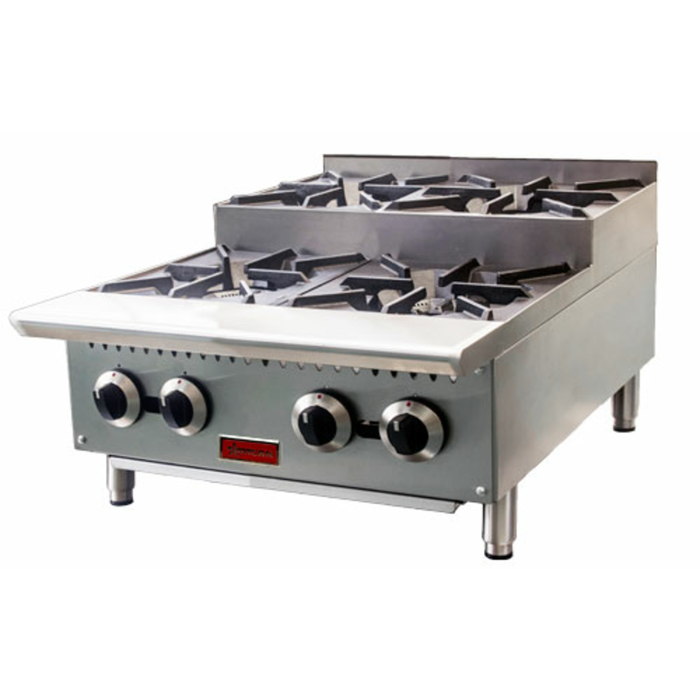 Alt Tag: OMCAN 47383 4-Burner Countertop Step-Up Natural Gas Hot Plate commercial stainless steel gas hot plate with knobs