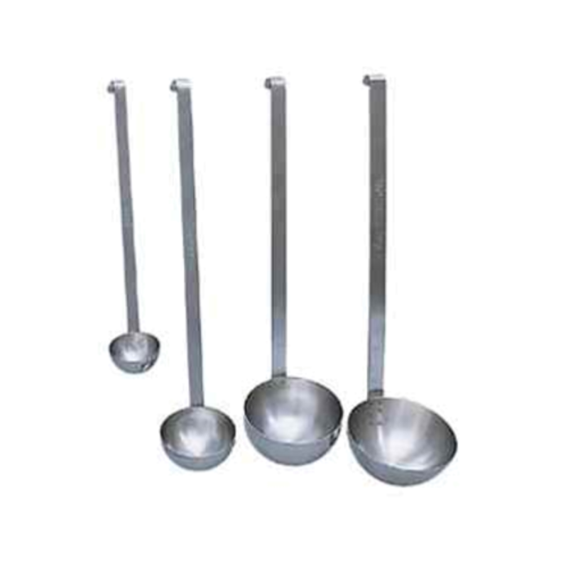 4 stainless steel serving ladles including 6 oz stainless steel serving ladle with long handles for accurate portioning.