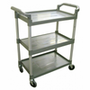 Alt Tag: OMCAN 18306 Gray Plastic Bussing Utility Cart 165 lbs Capacity three-shelf rolling utility cart with handles and caster wheels