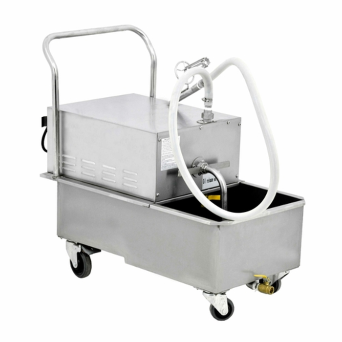 Alt Tag: Omcan 44481 Mobile Fryer Oil Filter Machine 23 L Capacity stainless steel mobile fryer oil filter cart with hose and casters